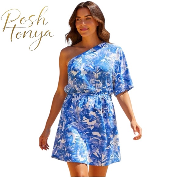 Trina Turk Basque Blue One Shoulder Swim Coverup Dress Size M Tropical Resort